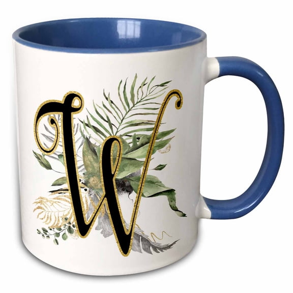 3drose, Fancy Monogram Initial W on Green Tropical Leaves, 11oz Two-tone Blue Mug