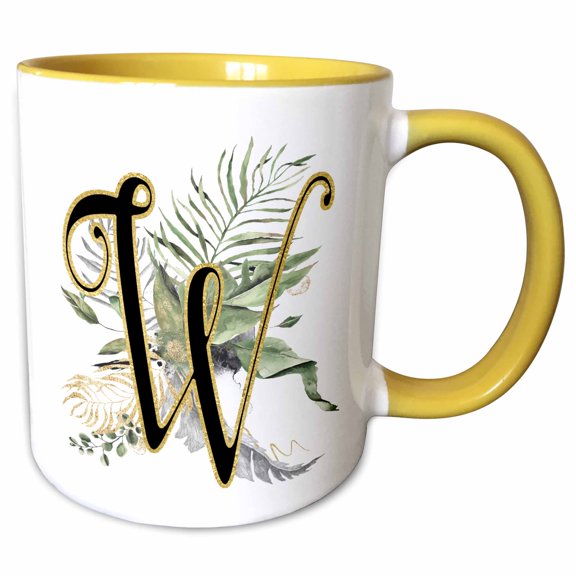 3drose, Fancy Monogram Initial W on Green Tropical Leaves, 11oz Two-tone Yellow Mug