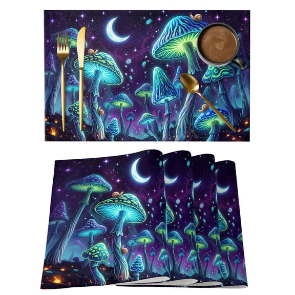 Fancy Mushroom Placemats Set of 2 Abstract Art Botanical Starry Trippy Place Mats Indoor Wipeable Table Mats Washable Cloth Dining Table Placemats for Kitchen Holiday Party Home Decor 13x19 Inch