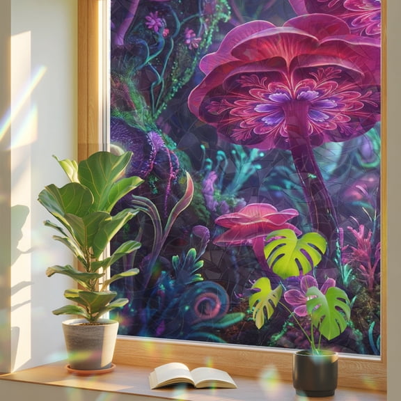 Fancy Mushrooms Window Privacy Film Rainbow Static Cling Stain Glass Window Film for Glass Door, Decorative UV Blocking Sunroof Decal Sticker for Car 17.7"x39.3" Abstract Art Boho Purple Botanical