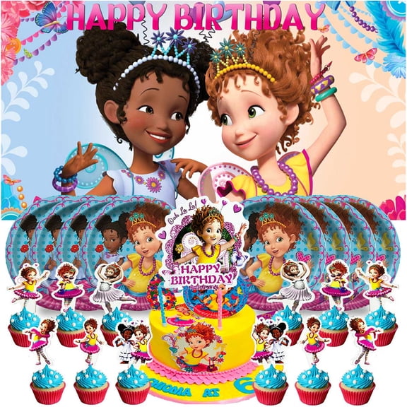 Fancy Nancy Birthday Party Decor Set - 5x2.3ft Backdrop Banner, Paper Plates, Cake Toppers & Fan Decorations