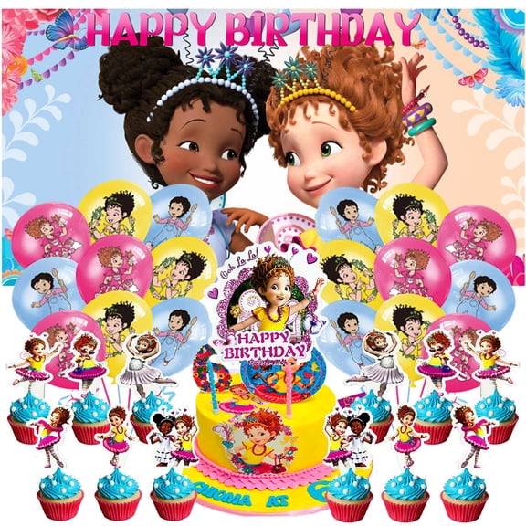 Fancy Nancy Birthday Party Decor Set - 5x2.3ft Themed Backdrop Banner, Latex Balloons & Cake Toppers Party Supplies
