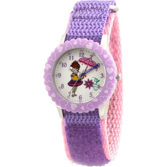 Fancy Nancy Girls' Stainless Steel Time Teacher Watch, Purple Bezel, Purple Hook and Loop Nylon Strap with Pink Backing