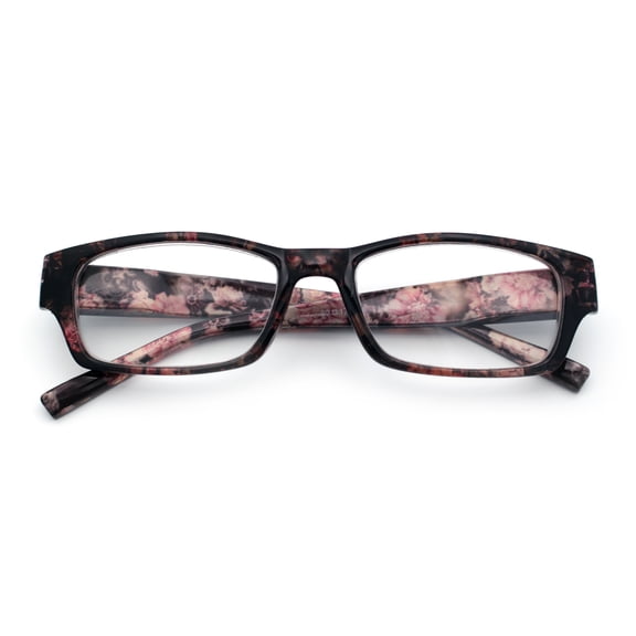Fancy Narrow Rectangle Spring Hinge Light Weight Plastic Reading Glasses Dark Flower +2.5