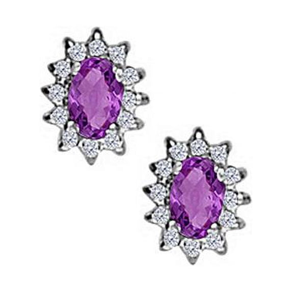 Fancy Oval Amethyst and CZ Halo Stud Earrings in sterling silver