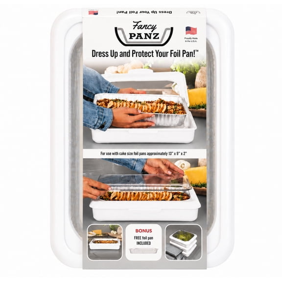 Fancy Panz 13"x9"x2" Foil Pan Carrier with Removable Cover for Serving. Includes Foil Pan, White
