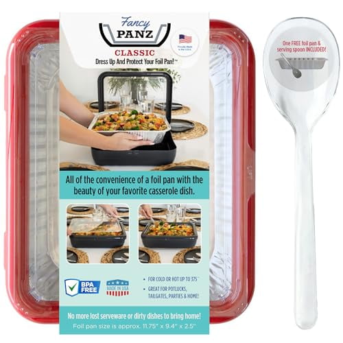 Fancy Panz - Red Classic Aluminum Foil Pan Carrier with Lid - BPA Free, Made in the USA Elevated Food Serving Tray - Portable Casserole Carrier with Lid - Hosting Essentials