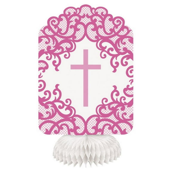Fancy Pink Cross 3 Ct 8" Honeycomb Centerpiece Baptism Confirmation Church