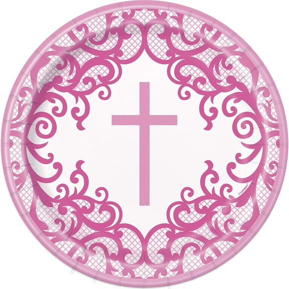 Fancy Pink Cross Round Dinner Plates - 8 Pcs