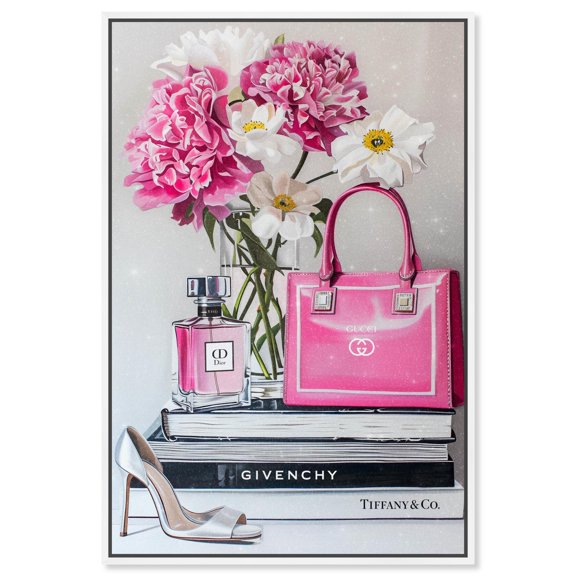 Fancy Pink Purse and Books Canvas Fashion Prints by Art Remedy, White Frame, 36" x 54"