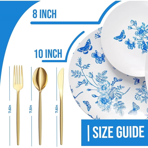 Fancy Plastic Dinnerware Sets 100 Pc Set 20 Guests Gold Silverware Disposable 20 X 10 Inch Charger Plates 20 X 8 Inch Dessert Plates 20 x Gold Plastic Forks and Spoons Knives In Botanical