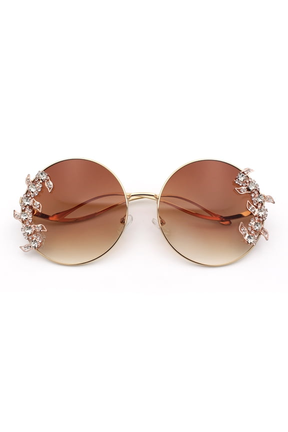 Fancy Rhinestone Floral Trim Round Circle Lens Wavy Arm Sunglasses Gold - Brown