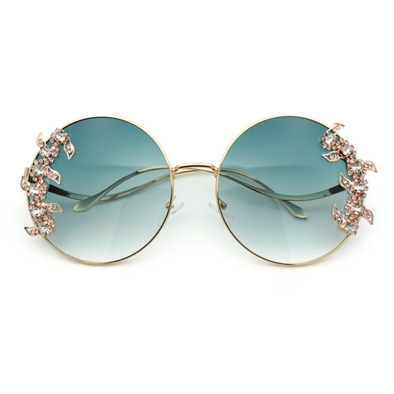 Fancy Rhinestone Floral Trim Round Circle Lens Wavy Arm Sunglasses Gold - Green