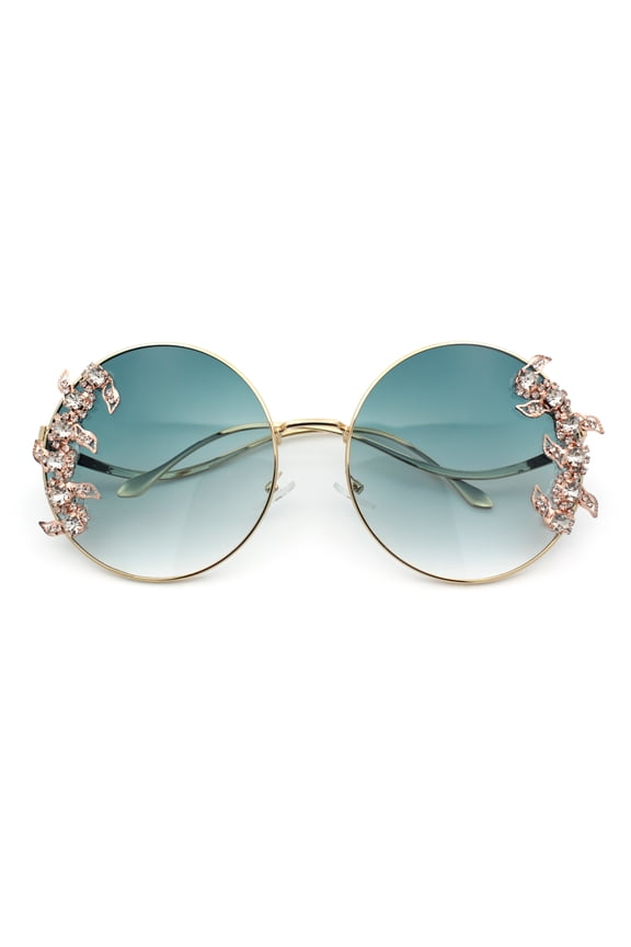 Fancy Rhinestone Floral Trim Round Circle Lens Wavy Arm Sunglasses Gold - Green