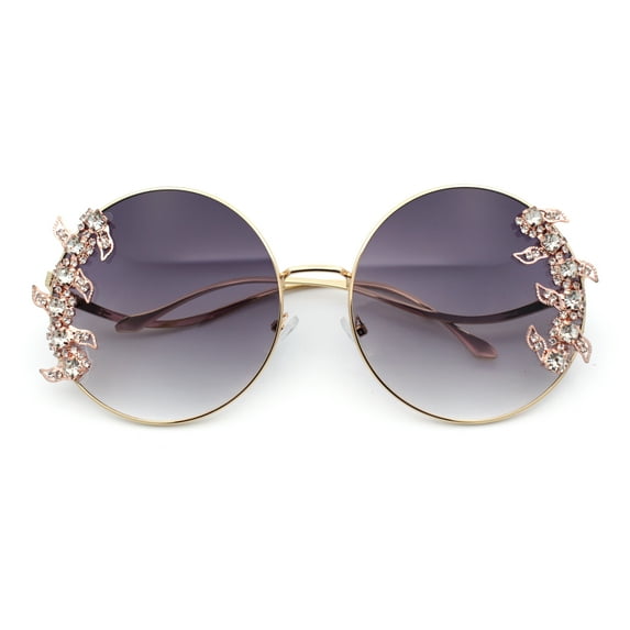 Fancy Rhinestone Floral Trim Round Circle Lens Wavy Arm Sunglasses Gold - Smoke