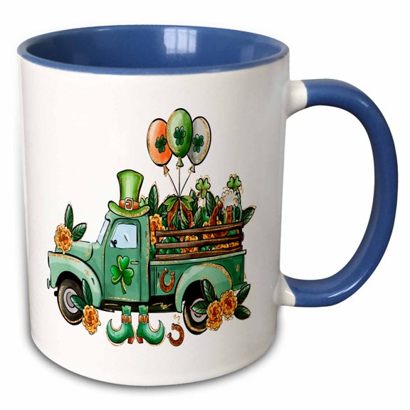3drose, Fancy St Patricks Day Green Truck with Flowers and Balloons, 11oz Two-tone Blue Mug