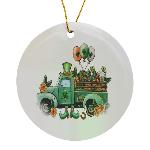 3drose, Fancy St Patricks Day Green Truck with Flowers and Balloons, Circle Porcelain Ornament