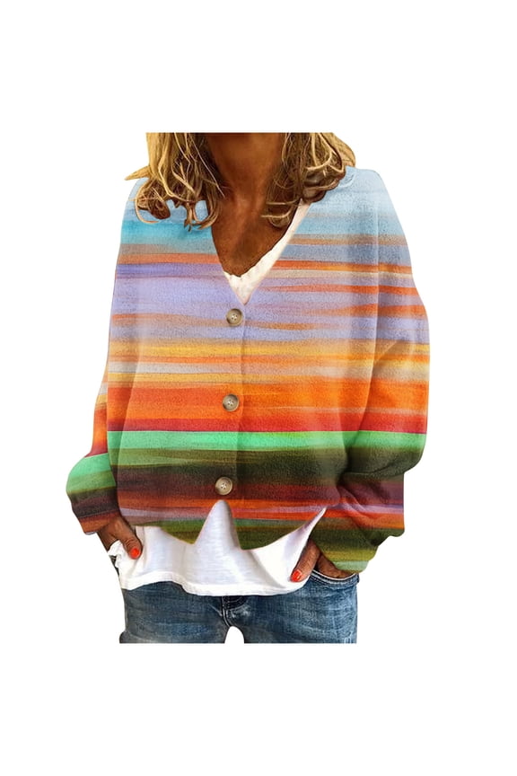 Fancy Sweaters for Women Cardigan Jacket Sweater Tunic V Neck Sweaters Cardigans Woman Fall Coat Striped Cardigans S-28 Multicolor XXL