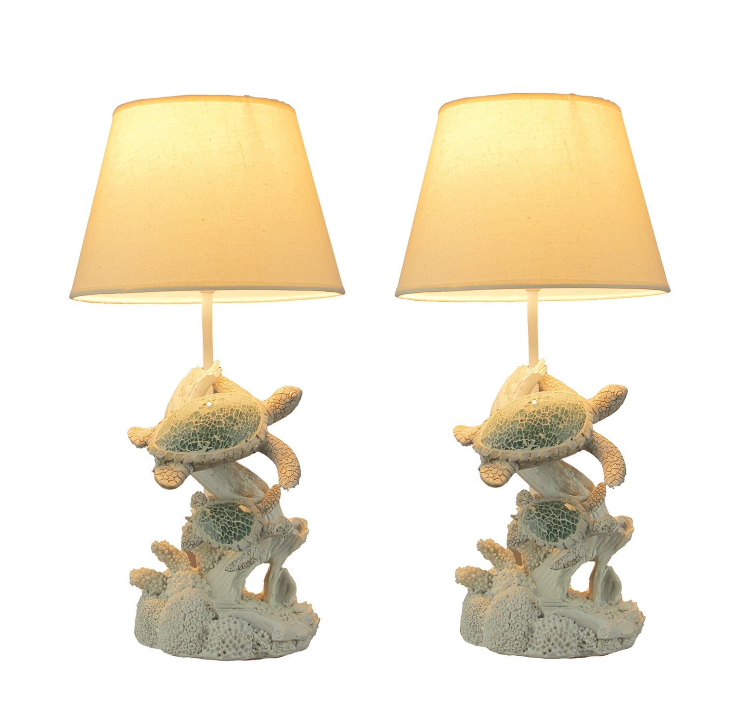 Distressed Off-White and Green Mosaic Coastal Sea Turtle Table Lamp Set