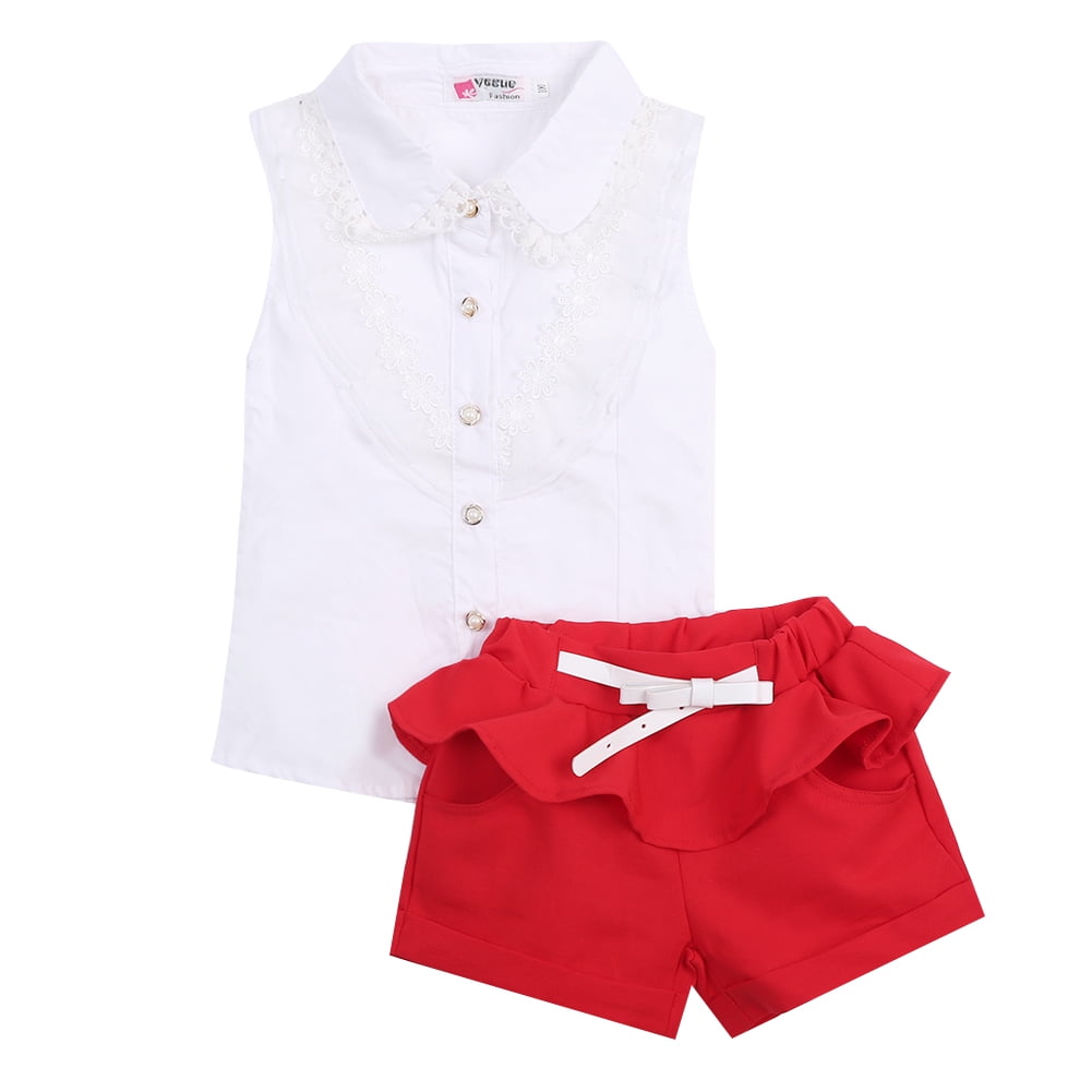 2-piece Kid Girl Flounce Sleeveless White Tee and Lace Design Ripped Denim Shorts Set