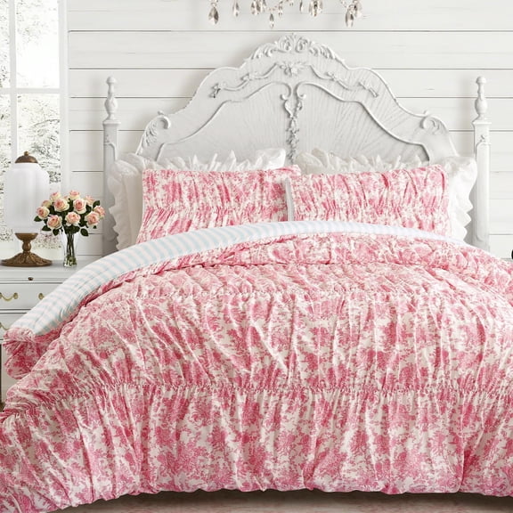 Fancy Toile Ruched Pink Floral Comforter Set for Full/Queen