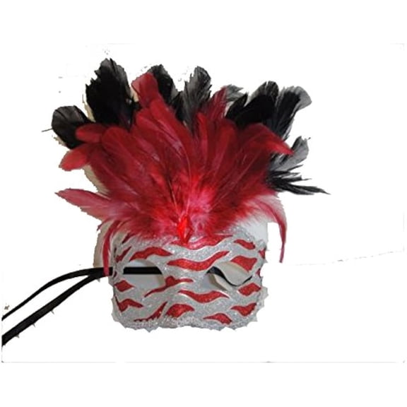 Fancy Venetian Zebra Stripe Feather Mask Red/Silver