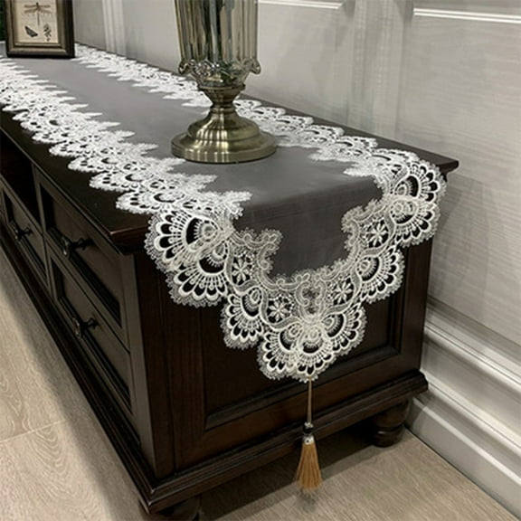 Fancy Vintage Lace Table Runner Dresser Scarf, Elegant Tassel Pendant TV Cabinet Cover, Decorative Polyester Tablecloth for Tea Table, 16x39 inches, Style 4