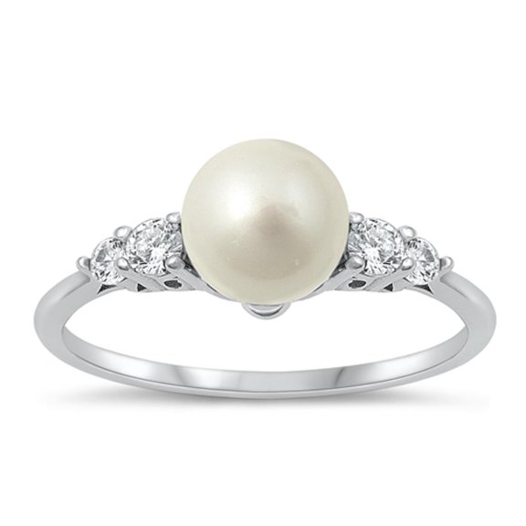 Fancy White Cubic Zirconia Simulated Pearl Ring .925 Sterling Silver Band Jewelry Female Male Size 8