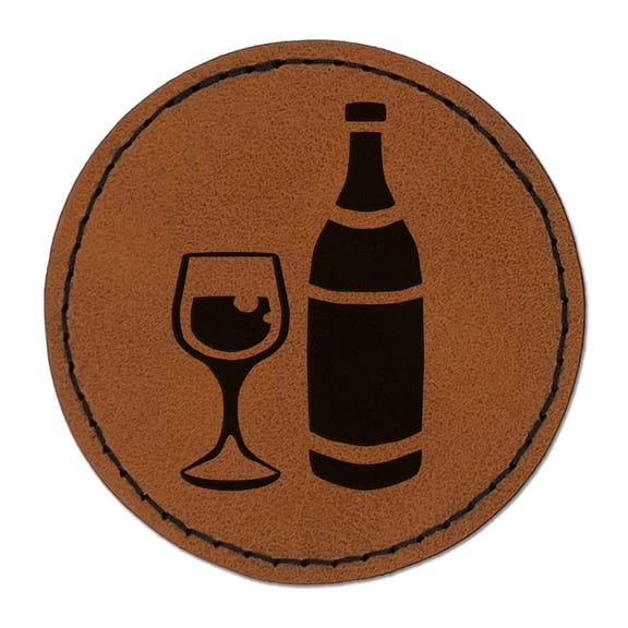 Fancy Wine Bottle and Glass 2.5" Faux Leather Round Engraved Iron-On Patch - Brown