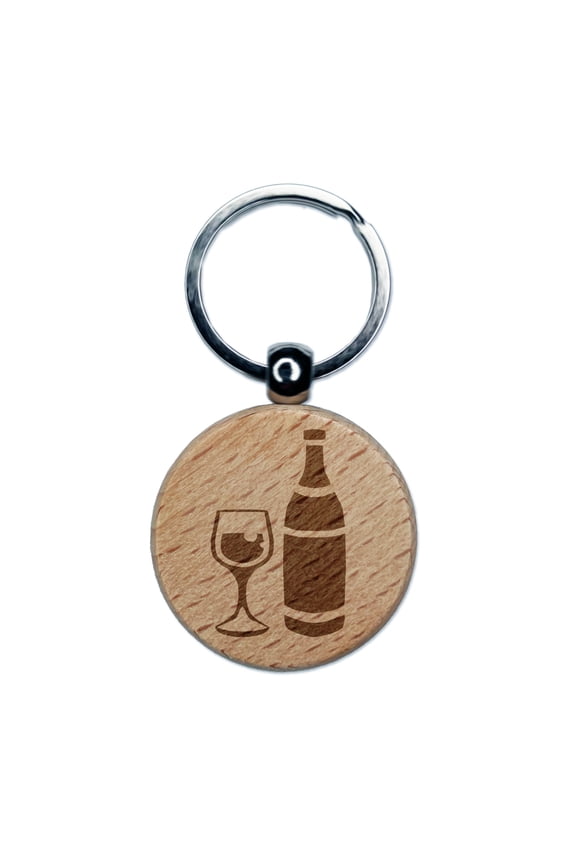 Fancy Wine Bottle and Glass Round Keychain Charm Tag - Engraved Wood