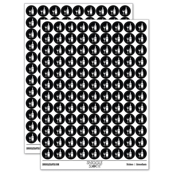 Fancy Wine Bottle and Glass 200+ Round Stickers - Black - Gloss Finish - 0.50" Size