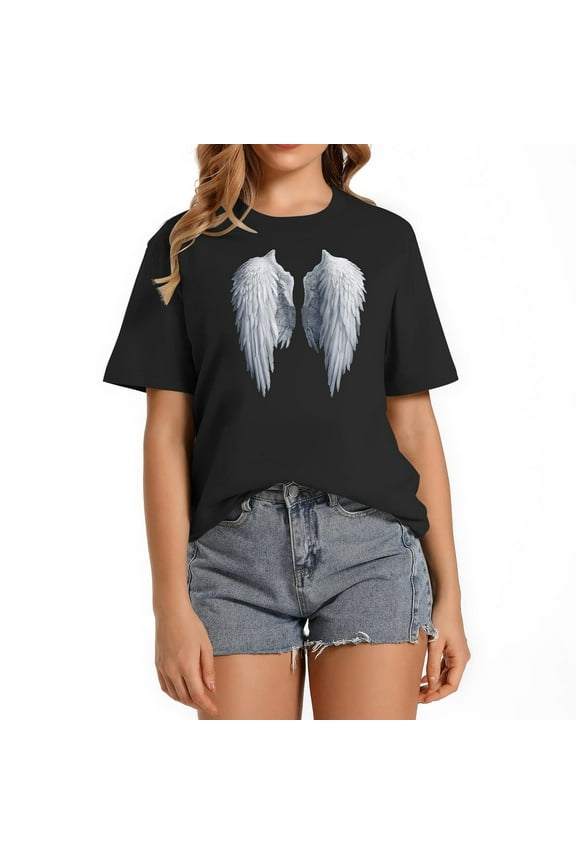 Fancy Womens Fashion Angel Wings Simple Cute T-Shirt Black