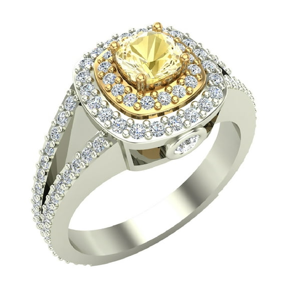Fancy Yellow Diamond Engagement Rings 18K White Gold Cushion Cut Y Shank Halo Style 1.25 CT TW