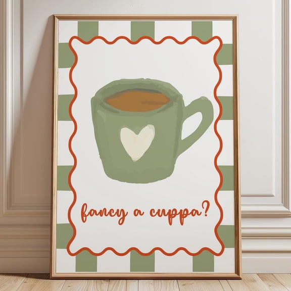 Fancy a Cuppa Print-Kitchen Decor Green Wall Art Tea Poster Pastel Prints Retro Kitchen Wall Art Gifts For Her Checkered Housewarming