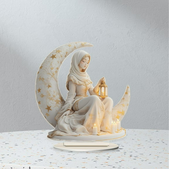 Fancyes 2D Moon Fairy Statue Acrylic Angel Sculpture with Base Decorative Artwork Collecting Fairy in The Moon Figurine for Bookshelf