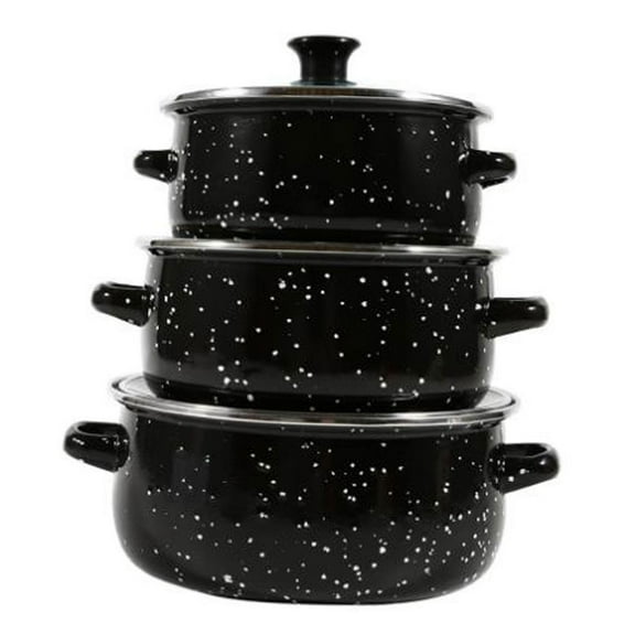 Fancyes 3 Pieces Enamel Stockpot with Lid Cookware Easy to Clean Reusable Portable Food Warmer Stew Pot for Household Wedding Kitchen black