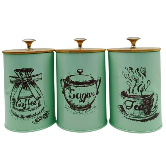 Fancyes 3 Pieces Kitchen Canisters Set Coffee Tea Sugar Containers Iron Modern Organizer Decorative Dustproof Lids Storage Containers Green