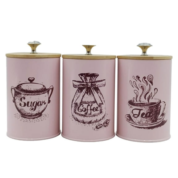 Fancyes 3 Pieces Kitchen Canisters Set Coffee Tea Sugar Containers Iron Modern Organizer Decorative Dustproof Lids Storage Containers Pink