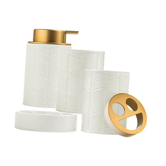 Fancyes 4 Pieces Bathroom Accessories Set Lotion Dispenser Ceramic Modern Mouthwash Cup Toothbrush Holder for Countertop Vanity Hotel White