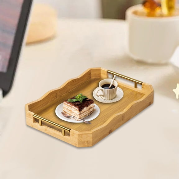 Fancyes Bamboo Serving Tray Serving Platter Coffee Table Multipurpose Dinner Bread Pastry Tea Tray with Metal Handle Tea Snack Plate L