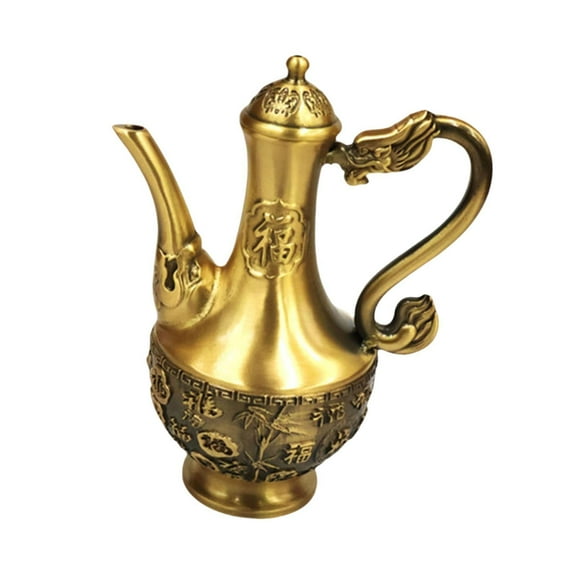 Fancyes Brass Tea Pot Drinks Jug Easy to Decor Handheld Ornament Tea Kettle Pot for Desktop Indoor Living Room Housewarming Fu character