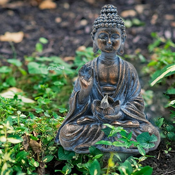 Fancyes Buddha Figurine Zen Decor with Solar Light Micro Landscape Desk Ornament Religious Sculpture Art Craft for Balcony Patio Yard