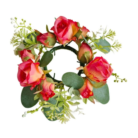 Fancyes Candle Wreath Candlestick Holder Decor Garland Artificial Flowers Wreath Candle Holder for Wedding Party Home Front Door Dark Pink