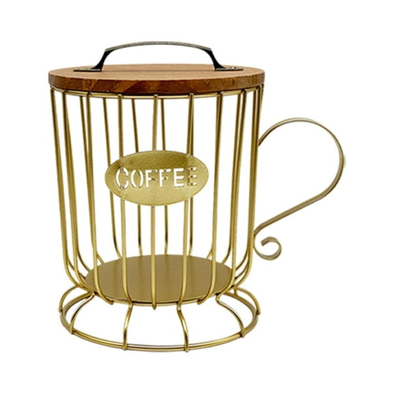Fancyes Coffee Pod Holder Cup Storage Rustic Round Modern with Wooden Lid Cage Storage Basket for Restaurant Bar Countertop Kitchen L