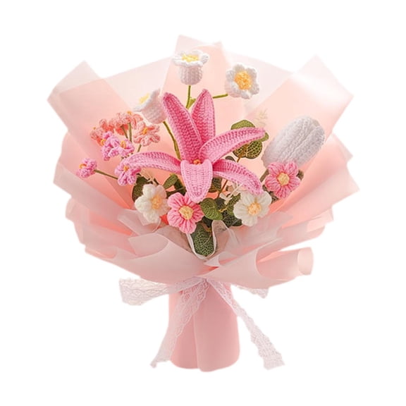 Fancyes Completed Crochet Flower Bouquet Lily Artificial Flower Bouquet Home Decoration Preserved Flower for Party Wedding Girlfriend Pink