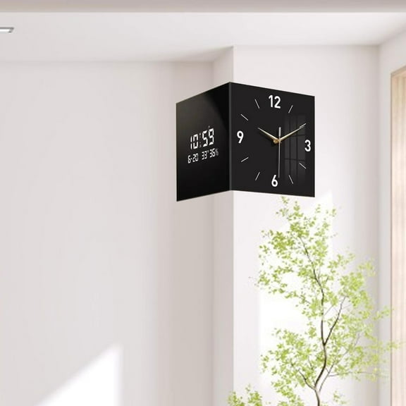 Fancyes Corner Clock Double Sided Wall Clock Date Week Display Creative Practical, Modern Hanging Temperature Display for Living Room 30cmx30cm