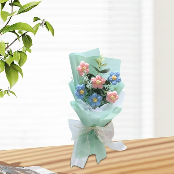 Fancyes Crochet Flowers Bouquet Decor Completed Preserved Flower Gift Crochet Knitted Artificial Flower for Teacher'S Day