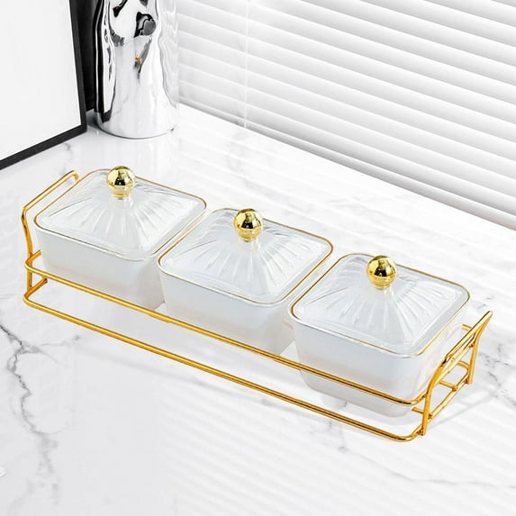 Fancyes Dried Fruit Plate Set Covered Candy Jar 3 Grid Multipurpose Cookie Jar Snacks Tray for Kitchen Dining Room Wedding Countertop White
