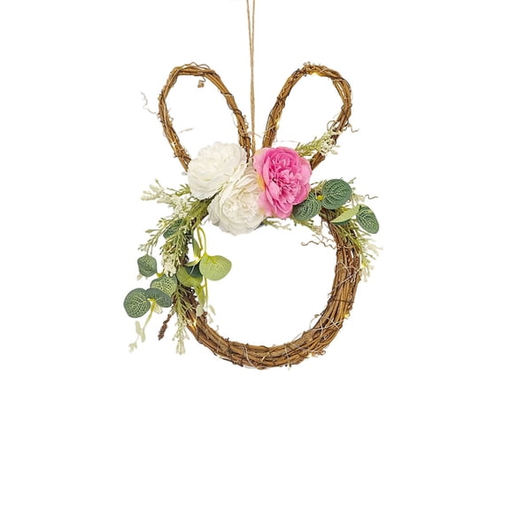 Fancyes Easter Bunny Wreath Wall Hanging Ornament Easter Collection Gift Garland Artificial Floral Wreath for Outdoor Front Door Home