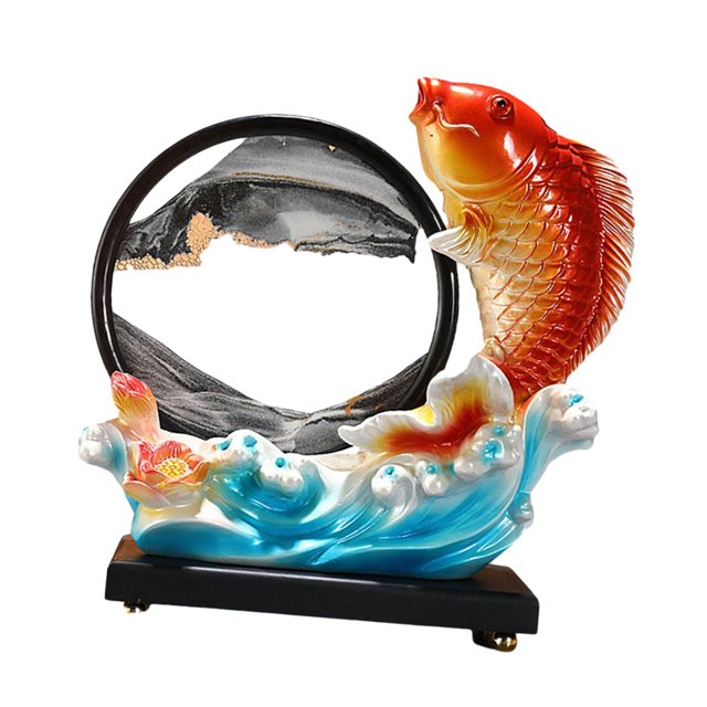 Fancyes Koi Statue Art Crafts Dynamic Sand Painting for Shelf Bookshelf